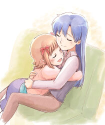 2girls amami_haruka blue_hair blush bow brown_hair brown_pantyhose closed_eyes closed_mouth collared_shirt hair_bow hug idolmaster idolmaster_(classic) kisaragi_chihaya long_hair long_sleeves multiple_girls open_mouth pantyhose red_bow shirt short_hair short_sleeves sitting smile tsubobot yuri