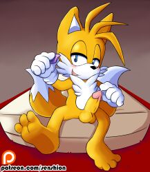1boy 2016 barefoot bed big_head blue_eyes blush condom condom_wrapper erection feet fox furry gloves half-closed_eyes highres holding holding_condom looking_at_viewer male_focus markings multicolored_tail multiple_tails narrowed_eyes naughty_face nude open_mouth orange_fur orgasm penis precum sega senshionart shota sitting smile solo sonic_(series) tail tails_(sonic) testicles toes white_fur