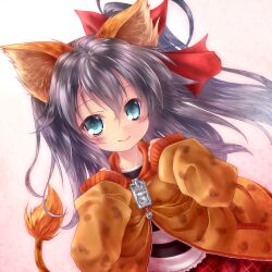 1girl ahoge animal_ears balulu_alma black_hair blue_eyes emil_chronicle_online hair_ribbon hood hooded_jacket jacket long_hair lowres maou_mikage red_ribbon ribbon shirt side_ponytail smile striped_clothes striped_shirt tail upper_body white_background