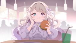1girl 4others :p absurdres aqua_eyes ben_awa blurry bow braid burger ceiling ceiling_light depth_of_field drinking_straw food glass gradient_hair grey_hair grey_shirt hair_bow hair_intakes hair_ornament half-closed_eyes hand_on_own_cheek hand_on_own_face hands_up hanging_light heterochromia highres holding holding_burger holding_food indie_virtual_youtuber indoors light_blush light_particles long_hair long_sleeves multicolored_hair multiple_others neck_ribbon on_chair pale_skin puffy_long_sleeves puffy_sleeves purple_eyes purple_hair raised_eyebrows ribbon second-party_source shirt side_braid sitting smile solo_focus split_mouth star_(symbol) star_hair_ornament swept_bangs table tongue tongue_out two-tone_hair wavy_hair white_bow white_ribbon window yunami_toiro