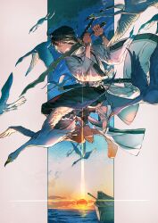 1other absurdres ahoge androgynous bird black_hair black_hakama boat braid cloud fate/samurai_remnant fate_(series) flock full_body goose gradient_sky hair_intakes hakama highres holding holding_sword holding_weapon horizon japanese_clothes jewelry jumping long_sleeves mura_karuki necklace oar ocean profile sandals shirt sidelocks single_braid sky solo sunset sword sword_on_back water watercraft weapon weapon_on_back white_bird white_sandals white_shirt wide_sleeves yamato_takeru_(fate) yellow_eyes