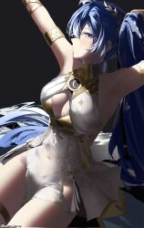 1girl ancient_greek_clothes arms_up bare_shoulders black_background blue_eyes blue_hair breasts cleavage closed_mouth commentary corrupted_twitter_file covered_navel cowboy_shot cryne gold_bra greco-roman_clothes head_wreath highres iuno_(wuthering_waves) large_breasts light_blush long_hair looking_at_viewer sideways_glance solo symbol-only_commentary thighs twitter_username very_long_hair wuthering_waves