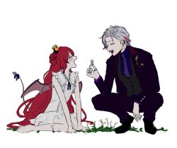 1boy 1girl barefoot cleavage_cutout closed_eyes clothing_cutout collared_dress crown demon_girl demon_tail demon_wings double_bun dress fang flat_chest flower_ring formal_clothes frills fuwa_minato fuwa_minato_(2nd_costume) grass grey_hair hair_bun highres holding holding_jewelry holding_ring jacket jewelry long_hair looking_at_another mini_crown multicolored_hair necktie nijisanji official_alternate_costume open_mouth pants po_(po_495) purple_hair red_hair ring shirt shoes simple_background sitting sketch skin_fang sleeveless sleeveless_dress squatting suit tail virtual_youtuber white_background white_dress wings yuzuki_roa yuzuki_roa_(3rd_costume)
