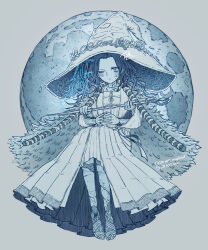 1girl blue_eyes blue_theme cloak colored_skin cracked_skin curtained_hair dal-drawings doll_joints dress elden_ring extra_arms extra_faces flat_chest full_moon fur_cloak highres holding holding_staff invisible_chair joints large_hat monochrome moon one_eye_closed pleated_dress ranni_the_witch rope signature simple_background sitting solo staff steepled_fingers white_background wide_sleeves