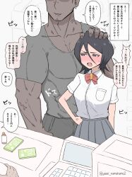 1boy 1girl absurdres artist_name black_hair bleach blush breasts cash_register collarbone earrings hand_on_another&#039;s_head hand_on_own_hip highres japanese_text jewelry karakura_high_school_uniform kuchiki_rukia medium_hair muscular muscular_male open_mouth small_breasts translation_request yaseiseihamu