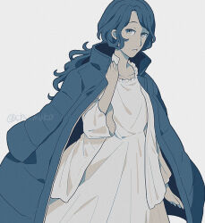 Rule 34 | 1girl, blue theme, chiimako, coat, coat on shoulders, commentary request, dress, feet out of frame, grey background, hand up, hinata (toshi densetsu kaitai center), long hair, long sleeves, looking at viewer, monochrome, open clothes, open coat, simple background, solo, standing, toshi densetsu kaitai center, wavy hair