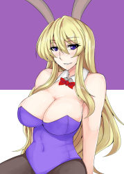 1girl animal_ears arm_support ashima_takumi bare_shoulders black_pantyhose blonde_hair blue_eyes blush bow bowtie breasts cleavage detached_collar female_focus large_breasts leotard long_hair naughty_face pantyhose playboy_bunny purple_eyes rabbit_ears simple_background sitting smile solo touhou wrist_cuffs xeqj yakumo_yukari