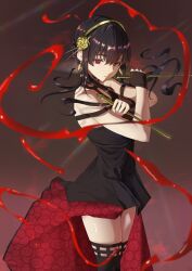 1girl absurdres black_dress black_hair blood commentary cowboy_shot dagger dress earrings fingernails gold_earrings gold_hairband hair_ornament hairband hands_up highres holding holding_dagger holding_knife holding_weapon jewelry knife kuuhaku_(pskf2372) long_hair looking_at_viewer red_eyes simple_background solo spy_x_family stiletto_(weapon) two-sided_dress two-sided_fabric weapon yor_briar