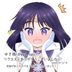 1girl bishoujo_senshi_sailor_moon black_hair blunt_bangs blunt_ends blush bow brooch choker circlet earrings elbow_gloves gloves highres jewelry kuroasa24 magical_girl purple_choker purple_eyes purple_sailor_collar sailor_collar sailor_saturn sailor_senshi_uniform short_hair simple_background skirt solo surprised tomoe_hotaru white_background white_gloves