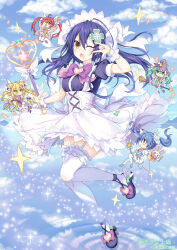 5girls :o blonde_hair blue_hair broom broom_riding brown_eyes chinese_commentary cloud cloudy_sky date_a_live dress full_body garter_straps genderswap genderswap_(mtf) green_hair highres hoshimiya_mukuro itsuka_kotori itsuka_shido itsuka_shiori long_hair magical_girl maid multiple_girls kyouno_natsumi one_eye_closed open_mouth red_hair sky smile thighhighs tsubasaki twintails wand water_drop white_thighhighs wrist_cuffs himekawa_yoshino yoshinon