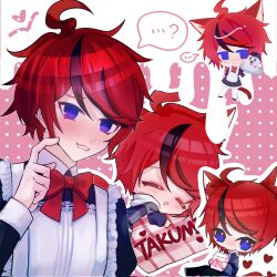... ...? animal_ears apron black_hair blue_eyes blush bow cat_boy cat_ears cat_tail character_name chibi chibi_inset closed_eyes crossdressing hair_between_eyes hand_up heart looking_at_viewer maid maid_apron male_focus messy_hair milk_carton multicolored_eyes multicolored_hair neck_ribbon open_mouth pink_background red_bow red_eyes red_hair red_ribbon ribbon simple_background sirei_(hundred_line) speech_bubble streaked_hair sumino_takumi tail the_hundred_line_-last_defense_academy- upper_body white_background