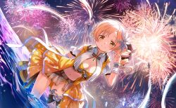 1girl aerial_fireworks artist_request bare_shoulders belt belt_buckle bikini black_bow blonde_hair bow bracelet breasts brown_belt buckle chest_jewel cleavage closed_mouth cowboy_shot detached_sleeves dot_nose dress drill_hair dutch_angle fireworks floral_print flower frilled_arm_warmers frilled_bikini frilled_dress frills game_cg gem glowing hair_bow hair_flower hair_ornament hand_in_own_hair happy highres jewelry large_breasts leaning_forward light_blush light_particles long_hair magia_record:_mahou_shoujo_madoka_magica_gaiden mahou_shoujo_madoka_magica mahou_shoujo_madoka_magica_magia_exedra night night_sky ocean official_alternate_costume official_art open_clothes open_door open_shirt orange_bikini orange_gemstone outdoors puffy_short_sleeves puffy_sleeves rocket shirt short_dress short_sleeves side_ponytail sky sleeveless sleeveless_dress smile solo sparkle standing stomach swimsuit tareme thigh_strap thighlet tomoe_mami tomoe_mami_(swimsuit_ver.) wading wet white_arm_warmers white_flower white_shirt white_sleeves yellow_dress yellow_eyes
