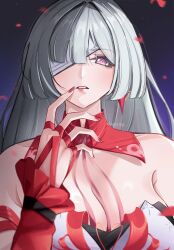 1girl absurdres bandage_over_one_eye bare_shoulders breasts cleavage commentary earrings fingernails grey_hair hand_up highres jewelry kisagii large_breasts long_fingernails long_hair looking_at_viewer nail_polish parted_lips phrolova_(wuthering_waves) portrait red_eyes red_nails solo wuthering_waves