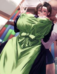 Rule 34 | 1boy, 1girl, apron, bald, black dress, bookshelf, breasts, brown eyes, brown hair, character request, closed mouth, covered erect nipples, dress, gen&#039;eki (ryou), glasses, green apron, hair between eyes, hand on own chest, highres, large breasts, long sleeves, shirt, smile, white shirt, zeikin de katta hon