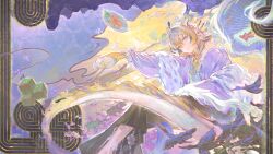 1girl absurdres arknights bare_shoulders bird black_skirt blonde_hair blue_eyes blue_flower blue_hair braid closed_mouth colorful_background cup dragon_girl dragon_horns dragon_tail feet_out_of_frame flower gradient_hair grey_hair hair_flower hair_ornament highres holding holding_cup horns liebebento_(dosilan) long_hair long_skirt looking_at_viewer multicolored_hair off_shoulder official_alternate_costume open_clothes pointy_ears purple_hanfu red_flower shawl shu_(arknights) shu_(spring_feast)_(arknights) single_bare_shoulder single_braid skirt smile solo tail very_long_hair