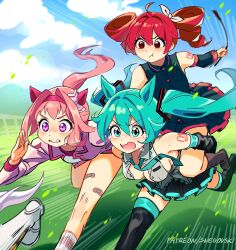 4girls ahoge animal_ears aqua_eyes aqua_hair arm_tattoo bandaid bandaid_on_leg black_skirt black_thighhighs blue_sky blurry blurry_background boots bow breasts closed_mouth cloud commentary crossover day detached_sleeves drill_hair ear_covers english_commentary floating_hair hair_between_eyes hair_intakes haru_urara_(umamusume) hatsune_miku highres horse_ears horse_girl kasane_teto kasane_teto_(utau) long_hair long_sleeves medium_breasts motion_blur multiple_girls necktie number_tattoo open_mouth outdoors patreon_username pink_hair pleated_skirt pout red_hair running skirt sky snegovski socks sweat symbol-shaped_pupils tattoo thigh_boots thighhighs twin_drills twintails umamusume utau v-shaped_eyebrows very_long_hair vocaloid white_boots white_bow