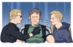 Rule 34 | 3boys, albert wesker, bara, black hoodie, black shirt, blonde hair, blush, brown hair, brown jacket, chris redfield, ethan winters, facial hair, green shirt, highres, hood, hood down, hoodie, jacket, kalamari, large pectorals, looking at another, male focus, multiple boys, muscular, muscular male, open mouth, pectorals, resident evil, resident evil 5, resident evil village, shirt, short hair, smile, stubble, sunglasses, yaoi