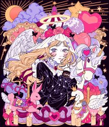 1girl absurdres animal balloon bird black_background blonde_hair bow candle carousel cloud colored_eyelashes eyelashes feathered_wings fire flower flower_wreath frills full_moon gem grey_eyes halo head_wreath highres horse lips long_hair looking_to_the_side makeup moon mtirn3373 original parted_lips pink_bow pink_flower pink_rose rabbit rose rouge_(makeup) solo star_(symbol) sun swan upper_body white_wings wings wreath yellow_halo