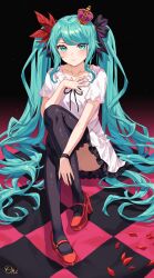 1girl absurdres aqua_eyes aqua_hair artist_name black_ribbon black_thighhighs blue_eyes blue_hair blush bracelet checkered_floor closed_mouth commentary crown dress english_commentary feather_hair_ornament feathers frilled_dress frills hair_ornament hair_ribbon hand_on_own_chest hatsune_miku high_heels highres jewelry light_particles long_hair looking_at_viewer mary_janes mini_crown neck_ribbon on_floor orikawaz petals red_shoes ribbon rose_petals shoes sitting smile solo thighhighs twintails upskirt very_long_hair vocaloid white_dress world_is_mine_(vocaloid) zettai_ryouiki