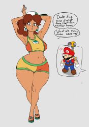 1girl absurdres arms_up baseball_cap blue_eyes breasts brown_hair crossed_ankles dark-skinned_female dark_skin earrings f.l.u.d.d. flower_earrings freckles hat highres jewelry kseg3501 large_breasts mario mario_(series) mario_kart mario_kart_world medium_hair midriff navel nintendo princess_daisy princess_daisy_(swimwear)_(mario_kart_world) sandals short_shorts shorts speech_bubble sports_bra super_mario_sunshine thick_thighs thighs wide_hips