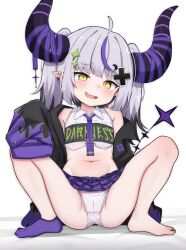 1girl absurdres ahoge barefoot black_jacket boppin commission fang feet grey_hair hair_ornament highres hololive horns jacket knees_up la+_darknesss loli looking_at_viewer multicolored_hair nail_polish navel necktie no_shoes paid_reward_available panties pointy_ears purple_hair purple_necktie skirt sleeves_past_fingers sleeves_past_wrists socks solo streaked_hair toenail_polish toenails toes twintails underwear variant_set virtual_youtuber white_panties yellow_eyes