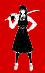 1girl absurdres chainsaw_man commentary_request dress hands_on_own_hips highres kazukida kneehighs long_skirt long_sleeves medium_hair pinafore_dress red_background ribbon scar scar_on_face school_uniform shirt shoes simple_background sketch skirt sleeveless sleeveless_dress socks solo spoilers standing sword tanaka_(chainsaw_man) weapon yoru_(chainsaw_man)