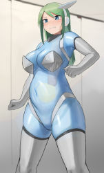 1girl auto_internal_cumshot blue_eyes blue_skin blurry blurry_background blush breasts censored cleavage clenched_hands clenched_teeth colored_skin commentary_request cum cum_inflation dickneck ejaculation elbow_gloves feet_out_of_frame gloves green_hair hair_between_eyes headgear highres inflation long_hair looking_away misplaced_genitals mosaic_censoring navel no_pussy open_mouth original oruka_(kamituki0827) penis penis_neck sidelocks solo teeth thick_thighs thighhighs thighs see-through_body