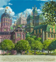 artist_request blue_sky building castle city cityscape cloud cumulonimbus_cloud day european_architecture fantasy fence flag highres howl_no_ugoku_shiro lamp no_humans official_art outdoors pavement road scenery sky street studio_ghibli third-party_source traditional_media tree