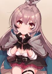 Rule 34 | 1girl, absurdres, ahoge, belt, breasts, brown background, brown capelet, brown cloak, brown corset, brown eyes, brown hair, cape, capelet, cleavage, clenched hands, cloak, corset, feather hair ornament, feathers, from above, gloves, hair ornament, hairclip, hieroglyphics, highres, hololive, hololive english, long hair, looking at viewer, multicolored hair, nanado shion, nanashi mumei, nanashi mumei (1st costume), partially fingerless gloves, pleated skirt, ponytail, red skirt, ribbon, shirt, skirt, streaked hair, thigh strap, very long hair, virtual youtuber, white shirt