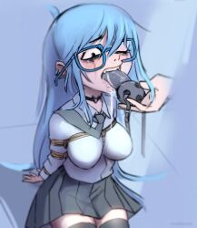 1girl absurdres after_fellatio arms_behind_back bdsm black_necktie blue_eyes blue_glasses blue_hair bondage bound breasts choker collared_shirt dildo_gag dildo_reveal drooling ear_piercing earrings fellatio gag glasses heart-shaped_choker highres jewelry long_hair makeup medium_breasts multiple_earrings necktie nradiowave one_eye_closed oral original piercing pleated_skirt removing_gag rope runny_makeup saliva shibari shirt simulated_fellatio skirt solo_focus tearing_up teeth thighhighs tongue tongue_out unworn_gag upper_teeth_only variant_set zettai_ryouiki