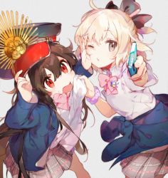 Rule 34 | 2girls, ahoge, black hair, blonde hair, bow, bowtie, brown eyes, cardigan, cardigan around waist, cellphone, charm (object), clothes around waist, collared shirt, fate (series), grey background, hair between eyes, hat, long hair, long sleeves, multiple girls, namie-kun, oda nobunaga (fate), okita souji (fate), one eye closed, open mouth, phone, pink bow, pink bowtie, plaid clothes, plaid skirt, pleated skirt, puckered lips, red eyes, saint quartz (fate), scrunchie, selfie, shirt, short hair, simple background, skirt, smartphone, sweatdrop