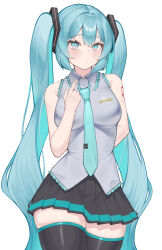 Rule 34 | 1girl, absurdres, aqua eyes, aqua hair, aqua necktie, arm behind back, bare shoulders, black skirt, collared shirt, commentary, contrapposto, covered erect nipples, double-parted bangs, expressionless, frilled shirt, frills, furrowed brow, grey shirt, hair ornament, hatsune miku, highres, light blush, long hair, looking at viewer, necktie, pleated skirt, pointing, pointing at self, shirt, shoulder tattoo, sidelocks, skirt, sleeveless, sleeveless shirt, solo, syahrul4567, tattoo, tie clip, twintails, very long hair, vocaloid