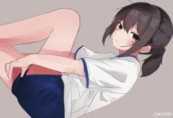 1girl adjusting_clothes alternate_costume blue_shorts blush brown_eyes brown_hair commentary_request feet_out_of_frame from_side fubuki_(kancolle) fubuki_(round_one)_(kancolle) gym_shirt gym_shorts gym_uniform hair_between_eyes hair_tie highres kantai_collection looking_at_viewer medium_hair miron_(mirona33) ponytail shirt short_shorts shorts sidelocks sitting solo twitter_username white_shirt