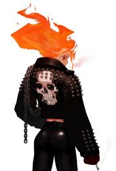 1girl black_footwear black_jacket black_legwear black_sclera chain cigarette colored_sclera dgk fiery_hair from_behind genderswap genderswap_(mtf) ghost_rider ghost_rider_(series) glowing glowing_eye high-waist_pants highres holding holding_cigarette humanization jacket leather leather_jacket leather_pants long_sleeves looking_down marvel orange_hair pants parted_lips scar simple_background skull_print sleeves_past_fingers sleeves_past_wrists smoking solo spiked_jacket spikes white_background yellow_eyes