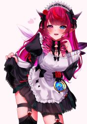 1girl apron black_dress black_thighhighs blue_eyes breasts clothes_lift dress dress_lift drill_hair heart heterochromia highres hololive hololive_english irys_(hololive) irys_(maid)_(hololive) lifting_own_clothes looking_at_viewer maid maid_apron medium_breasts nail_polish official_alternate_costume pink_nails pointy_ears red_eyes red_hair reianly smile solo thighhighs virtual_youtuber white_apron