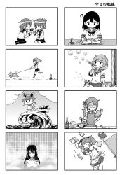 akebono_(kancolle) arm_sling bandages bandaid bandaid_on_face cat&#039;s_cradle comic cooking crab pet_walking eyepatch folded_ponytail greyscale highres ikazuchi_(kancolle) inazuma_(kancolle) injury kantai_collection kasumi_(kancolle) long_hair medical_eyepatch monochrome multiple_girls nagato_(kancolle) oboro_(kancolle) ocean onsen rabbit saiguchi_otoufu sazanami_(kancolle) school_uniform scrape scratches serafuku short_hair sleeping surfboard surfing translation_request ushio_(kancolle) waves yukikaze_(kancolle)
