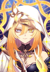 Rule 34 | 1girl, blonde hair, breasts, closed mouth, commentary request, den (dendenkog), genshin impact, grey eyes, hair between eyes, heterochromia, highres, large breasts, long hair, looking at viewer, mismatched pupils, portrait, rhinedottir (genshin impact), single bare shoulder, smile, solo, sparkle, symbol-shaped pupils, veil, white veil, yellow eyes