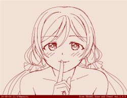 1girl armpit_crease bare_shoulders blush commentary dated finger_to_mouth hashtag-only_commentary long_hair looking_at_viewer love_live! love_live!_school_idol_project low_twintails pas_(paxiti) portrait red_theme shushing solo tegaki_draw_and_tweet tojo_nozomi twintails twitter_username