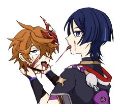 2boys bad_tag blood blood_on_face blood_on_neck blue_eyes blue_hair blush corpse death decapitate decapitated_head decapitation gay genshin_impact guro highres homophobia male_focus mask mask_on_head multiple_boys necrophilia orange_hair orgasm scaramouche_(genshin_impact) tartaglia_(genshin_impact) tongue yaoi