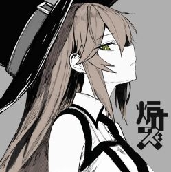 1girl black_hat bright_pupils brown_hair from_side girls&#039;_frontline green_eyes grey_background hashtag-only_commentary hat long_hair looking_at_viewer parted_lips r_scrubed sideways_glance solo spitfire_(girls&#039;_frontline) top_hat upper_body white_pupils