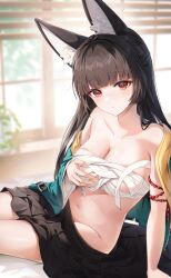 1girl absurdres aida_noa animal_ear_fluff animal_ears aqua_jacket arm_out_of_sleeve artist_name black_hair black_skirt blurry blurry_background breasts chest_sarashi closed_mouth clothes_down collarbone commentary fox_ears fox_girl groin hand_on_own_chest highres hoshimi_miyabi indoors jacket large_breasts light_blush long_hair looking_at_viewer loose_clothes navel paid_reward_available red_eyes red_rope rope sarashi sitting skirt solo stomach sweatdrop twitter_username very_long_hair window zenless_zone_zero