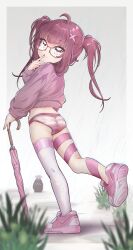 1girl absurdres ahoge ass blush_stickers brown_eyes brown_hair fallenshadow finger_to_mouth from_behind full_body glasses highres indie_virtual_youtuber kneepits leg_ribbon leg_up legs long_hair looking_back nail_polish no_pants outdoors panties pettan_(zeez4743) pink_panties pink_ribbon pink_shoes purple_sweater rain ribbon shoes single_thighhigh smile solo standing standing_on_one_leg striped_clothes striped_panties sweater thigh_ribbon thighhighs thighs twintails umbrella underwear virtual_youtuber wet wet_clothes white_thighhighs