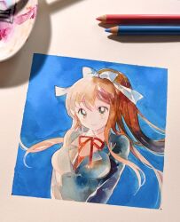 Rule 34 | 1girl, blazer, blue background, blush, bow, brown hair, closed mouth, collared shirt, commentary, doki doki literature club, doki doki literature club school uniform, english commentary, green eyes, grey jacket, hair bow, highres, jacket, long hair, monika (doki doki literature club), neck ribbon, painting (medium), pencil, photo (medium), ponytail, popipopopo0000, red ribbon, ribbon, school uniform, shirt, smile, solo, traditional media, upper body, watercolor pencil (medium), white bow, white shirt