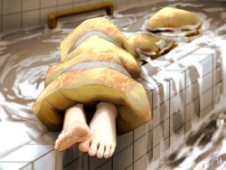 1girl asphyxiation barefoot bathtub bdsm blanket bondage bound drowning dying feet guro overflowing overflowing_bath signature solo tagme toes yellow_blanket yukkuribito