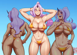 Rule 34 | 1girl, ass, bikini, blush, breasts, horns, huge breasts, joylewds, multiple views, ponytail, purple eyes, purple hair, shion (tensura), stomach bulge, swimsuit, tensei shitara slime datta ken