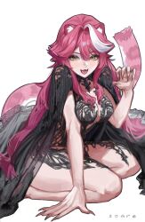 1girl :3 absurdres animal_ears artist_name black_dress blush breasts chronopattern_dress claw_pose claws commentary dress english_commentary fang fingernails hair_intakes highres hololive hololive_english large_breasts long_fingernails long_hair looking_at_viewer multicolored_hair open_mouth panther_ears panther_girl panther_tail pink_hair raora_panthera simple_background skin_fang smile soareaaa solo streaked_hair tail thighs two-tone_hair virtual_youtuber white_background yellow_eyes