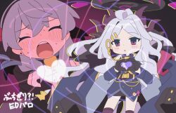 2girls :o ahoge ako_(blue_archive) belt black_horns blue_archive blush bucchigiri?! closed_eyes coat coat_on_shoulders demon_horns demon_wings glowing_heart hair_ornament hairclip halo hamu-chan heart heart_hands hina_(blue_archive) horns love_je_t&#039;aime multiple_girls multiple_horns open_mouth parody parted_bangs parted_lips pose_imitation purple_background purple_wings sam_browne_belt single_tooth so_moe_i&#039;m_gonna_die! wings yuri