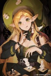 1girl :q amiya_(arknights) argyle_background arknights bare_shoulders belt black_bow black_dress blonde_hair bow braid brown_belt character_request chess_piece chin_strap cross-laced_clothes dark_background dress dungeon_meshi earrings elf finger_to_cheek green_eyes green_hat hands_up hat head_tilt highres index_finger_raised jewelry juliet_sleeves long_hair long_sleeves looking_at_viewer marcille_donato marcille_donato_(terra_&amp;_traveller) off-shoulder_dress off_shoulder official_alternate_costume pointy_ears puffy_sleeves single_braid solo tong_bei_wangu_chen tongue tongue_out upper_body watermark weibo_watermark