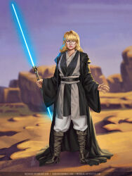 Rule 34 | 1girl, absurdres, artist name, artstation username, audia pahlevi, black-framed eyewear, black robe, black tunic, blonde hair, blue eyes, blue lightsaber, boots, brown boots, day, deviantart username, double bladed lightsaber, email address, energy sword, full body, glasses, grey tunic, highres, holding, holding sword, holding weapon, jedi, lightsaber, open clothes, open robe, outdoors, pants, robe, round eyewear, signature, solo, standing, star wars, star wars: the old republic, sword, tunic, two-tone tunic, watermark, weapon, web address, white pants