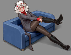 1girl black_horns black_pantyhose blue_couch blush boots couch demon demon_girl demon_horns demon_tail grey_background heart heart-shaped_pupils helltaker high_heel_boots high_heels highres horns modeus_(helltaker) on_couch pandawei pantyhose red_eyes red_sweater simple_background sitting sweater symbol-shaped_pupils tail thighband_pantyhose white_hair